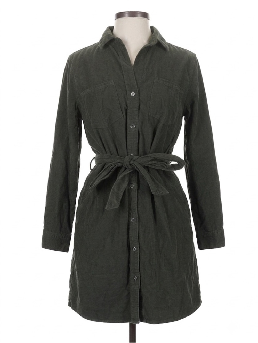 Lucky Brand Olive Green Corduroy Shirt Dress Belted Button Front Medium